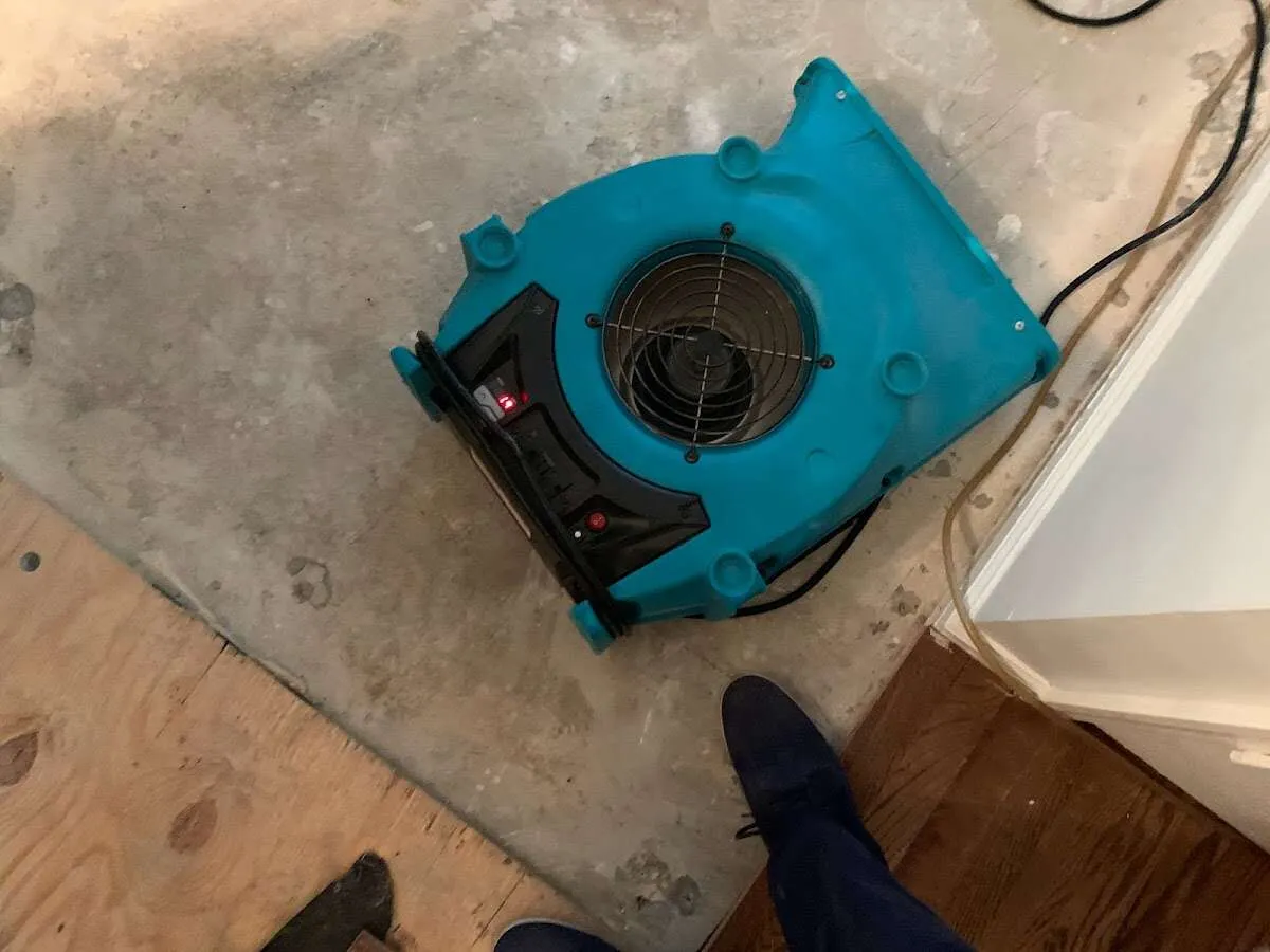 Air mover drying subfloor during Leak Detection & Repair in North Augusta